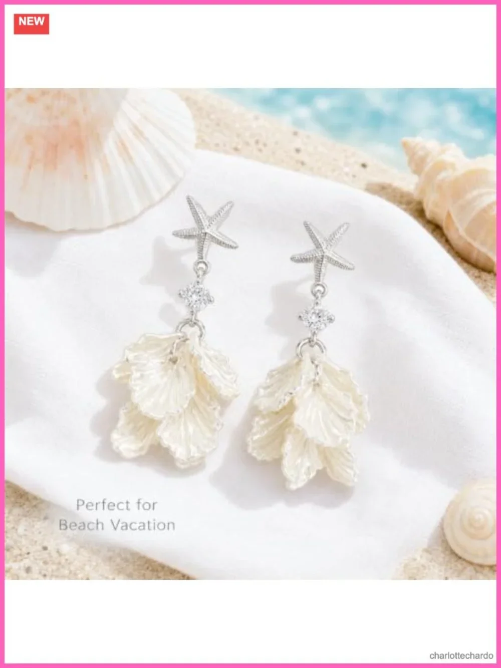 Starfish Shell Drop Earrings Pearl Dangle Silver Tone Ocean Statement